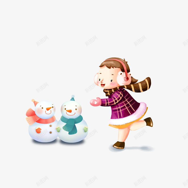 堆雪人的小女孩png免抠素材_新图网 https://ixintu.com 两只雪人 冬天 卡通 堆雪人 小女孩 彩色 手绘 玩耍