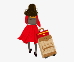 拖行李的女孩卡通手绘拎着行李箱的人高清图片