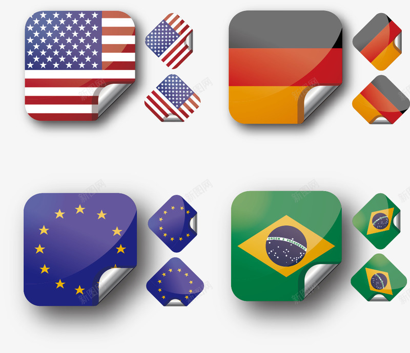 国旗贴纸png免抠素材_新图网 https://ixintu.com 国旗 巴西 平面设计 彩色贴纸 德国 欧盟 美国