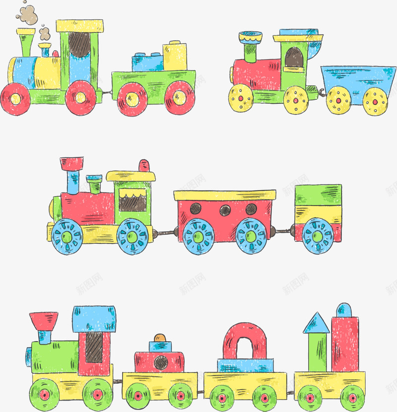 4款手绘玩具火车png免抠素材_新图网 https://ixintu.com 儿童 卡通 彩绘 手绘 玩具 玩具火车 积木 轮子