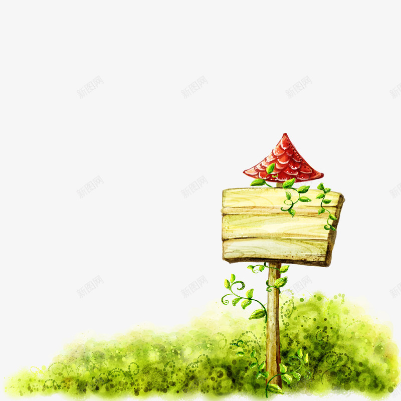 唯美自然风景png免抠素材_新图网 https://ixintu.com 唯美绿色 展示牌 指示牌 红色蘑菇 绿色草地 草丛 草地 蘑菇