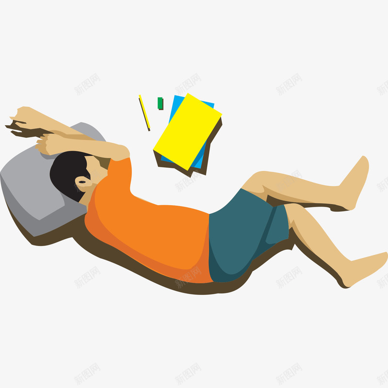 睡觉的男人png免抠素材_新图网 https://ixintu.com 上衣 书本 卡通 手绘 枕头 橘色的 男人 睡觉 简图