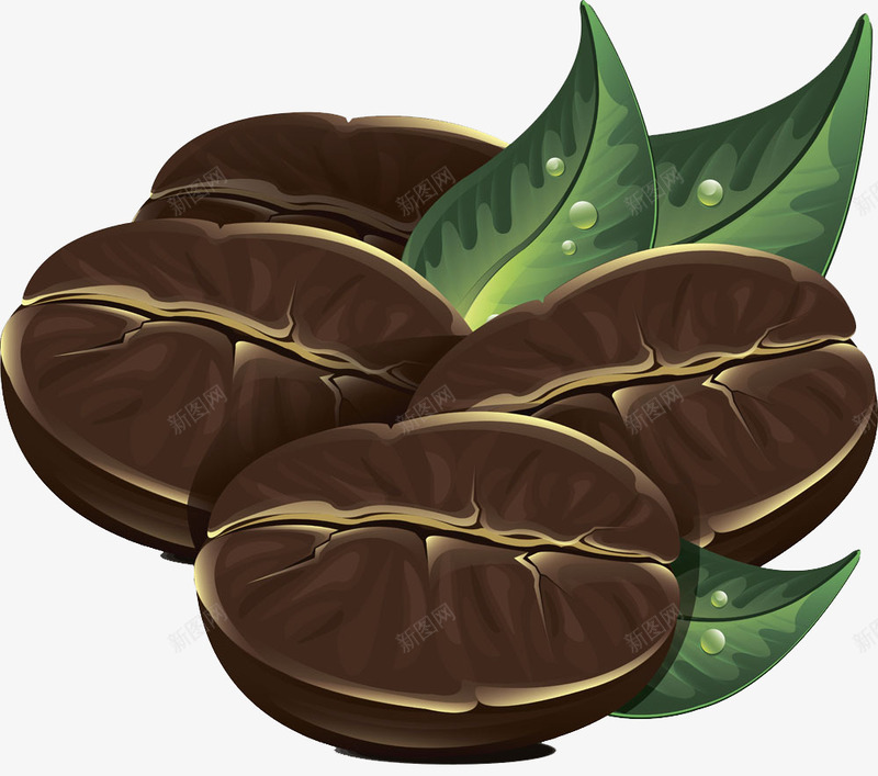 咖啡豆和绿叶插画png免抠素材_新图网 https://ixintu.com 卡通 咖啡豆 插画 绿叶