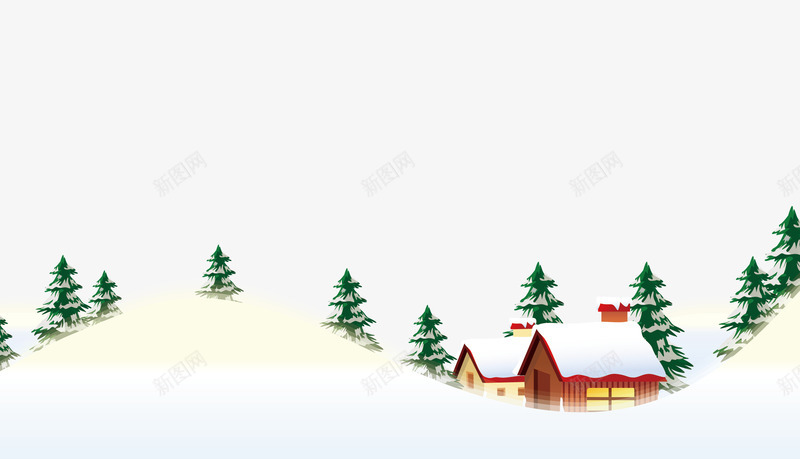 冬天景色png免抠素材_新图网 https://ixintu.com 卡通房子 圣诞树 雪地