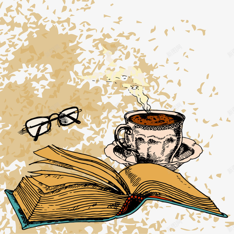 咖啡喝书籍png免抠素材_新图网 https://ixintu.com 书籍 咖啡 手绘 眼镜