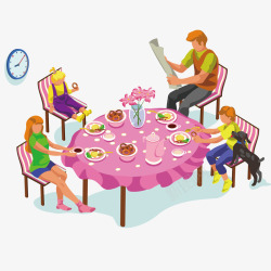 粉色钟表全家一起吃饭小人矢量图高清图片