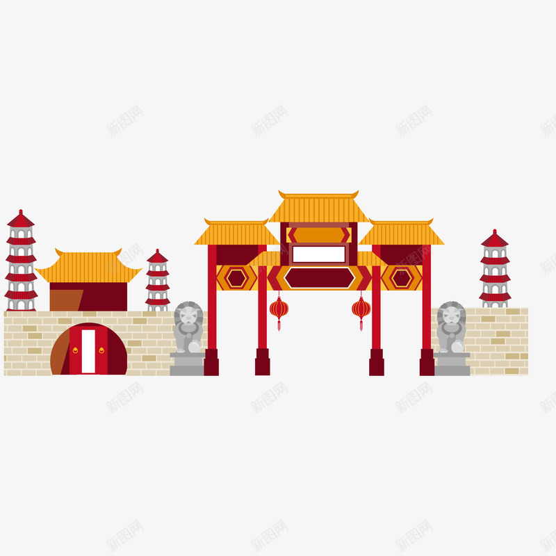 卡通中国风建筑物矢量图ai免抠素材_新图网 https://ixintu.com 中国风 卡通 城门 建筑物设计 扁平化 矢量图