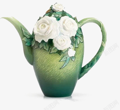 茶壶png免抠素材_新图网 https://ixintu.com 中国风 古典茶壶 淡雅 白色花朵 绿色 花卉装饰 陶瓷