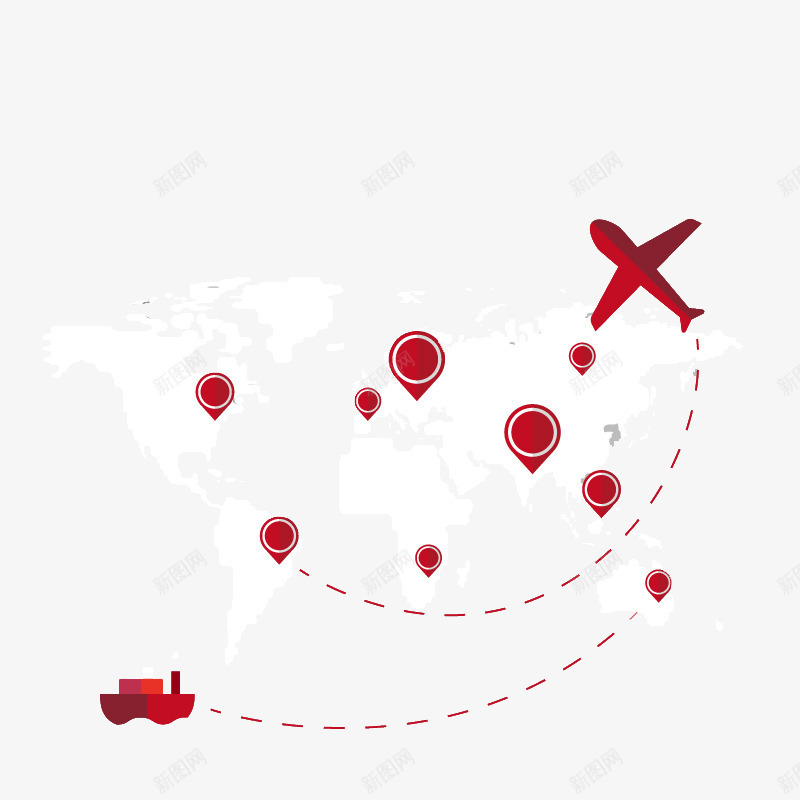 环球旅行地图背景图标png_新图网 https://ixintu.com 世界 创意 地图 地球图标 扁平化 旅行 环球 简约 红色虚线 绕着地球 飞机