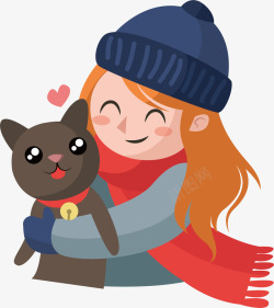 可爱冬天抱着猫咪的女孩矢量图高清图片