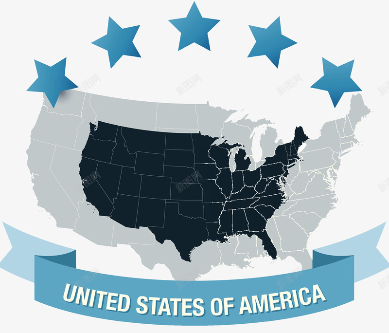 美国地图png免抠素材_新图网 https://ixintu.com 丝带 北美地图 星星 美国版块