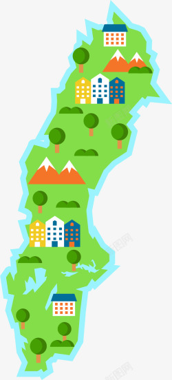 瑞典地图草地景点卡通风格板块矢量图高清图片