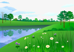 树木河边卡通手绘河边草地上树木花朵矢量图高清图片