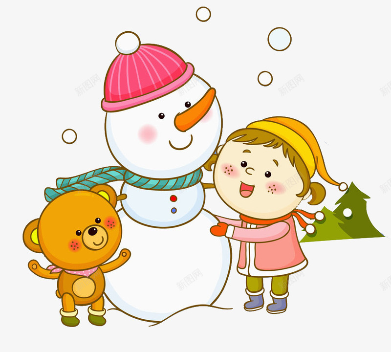 堆雪人的女孩png免抠素材_新图网 https://ixintu.com 冬天 卡通 可爱的 女孩 寒冷的 小熊 雪人