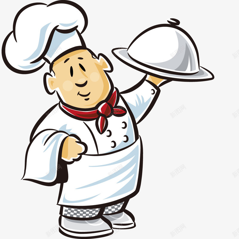 手绘卡通厨师png免抠素材_新图网 https://ixintu.com 上菜 动漫人物 动画人物 卡通人物 卡通厨师 厨师 带高帽厨师 托着餐盘的厨师 西餐厨师