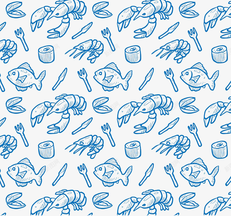 蓝色海鲜食品png免抠素材_新图网 https://ixintu.com 动画海鲜 卡通小鱼 卡通海鲜 卡通鱼 卡通龙虾 各种海鲜 好多海鲜 小清新 广告设计 海鱼 背景 萌版海鲜 许多海鲜 设计