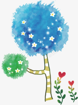 涂鸦蓝色大树花朵效果素材
