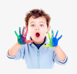 五彩手掌涂着油漆呐喊的小孩子高清图片