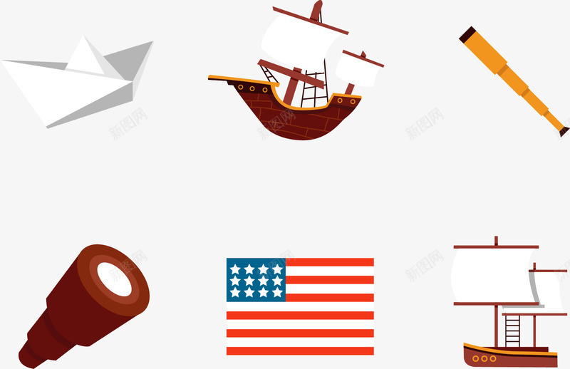 准备航行png免抠素材_新图网 https://ixintu.com 单筒望远镜 帆船 纸船 美国国旗 郑和下西洋