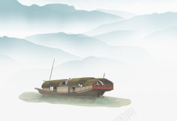 渔翁划船图案中国风云山缭绕中的船坞高清图片