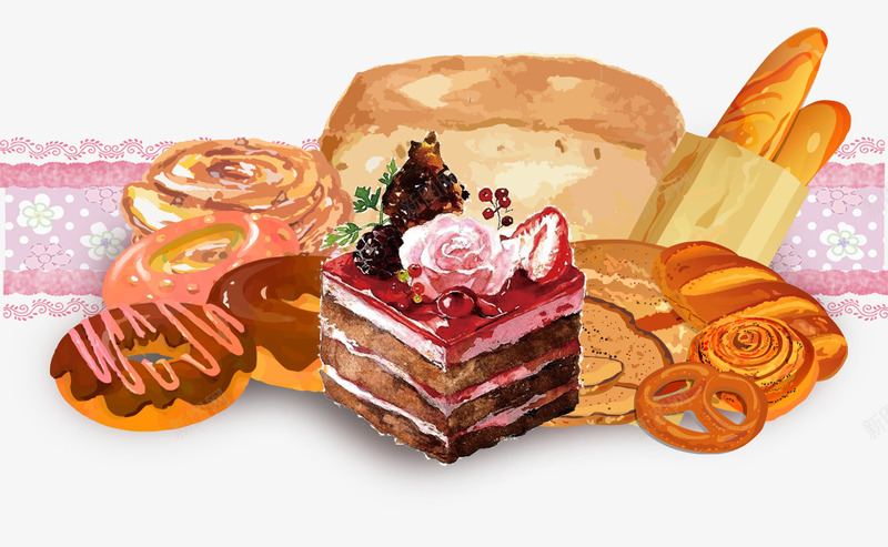 美食节蛋糕房的精致蛋糕psd免抠素材_新图网 https://ixintu.com 卡通面包 私房蛋糕 粉色花带 精致甜点 草莓蛋糕 蛋糕促销装饰 蛋糕手绘