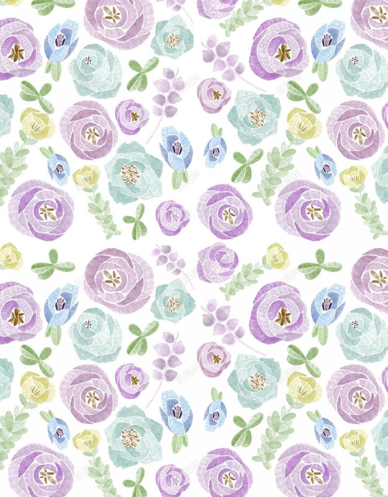 手绘紫色花朵绿叶壁纸png免抠素材_新图网 https://ixintu.com 壁纸 紫色 绿叶 花朵