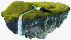 浮空岛山体浮岛上的草坪和溪流高清图片