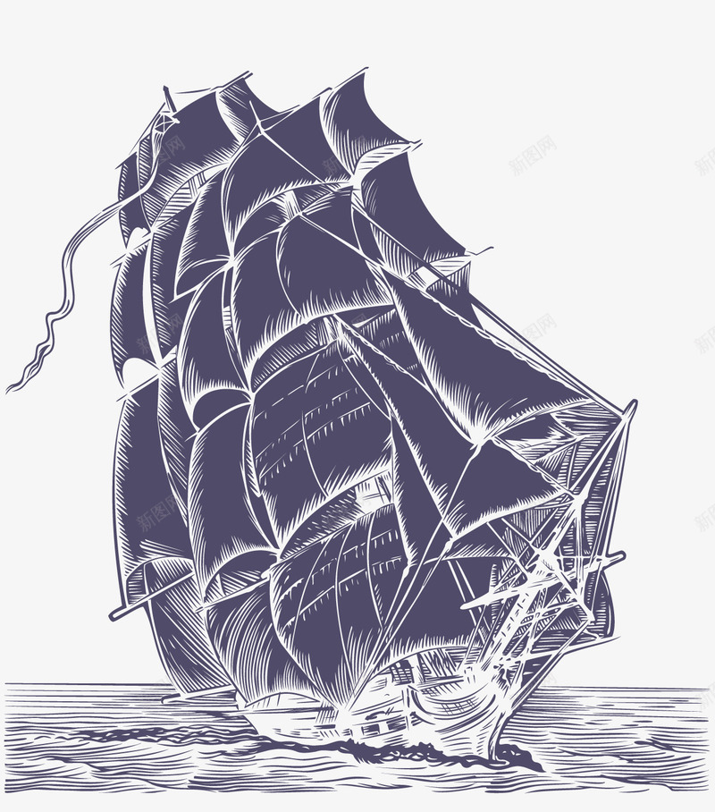 钢笔画精致的大帆船矢量图ai免抠素材_新图网 https://ixintu.com 大帆船 钢笔画 黑白 矢量图