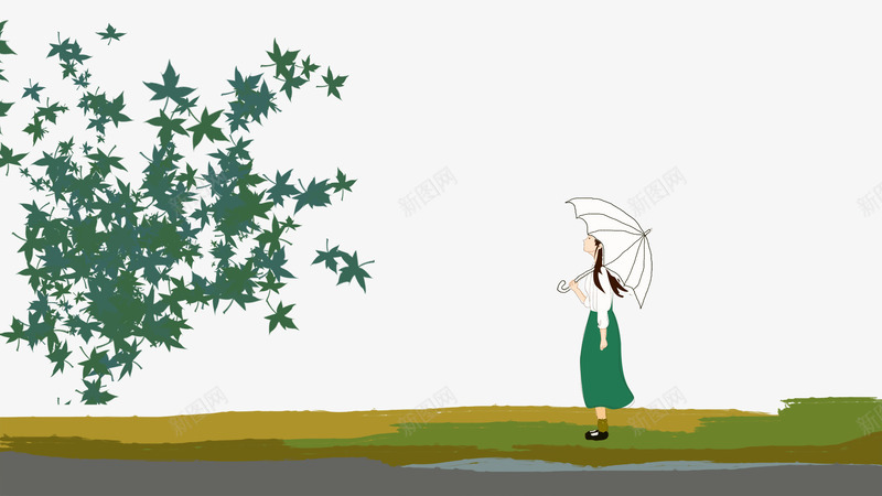 卡通手绘站在草地上的女孩psd免抠素材_新图网 https://ixintu.com 卡通 手绘 打着伞的女孩 白色的雨伞 站在草地上的女孩 绿叶装饰