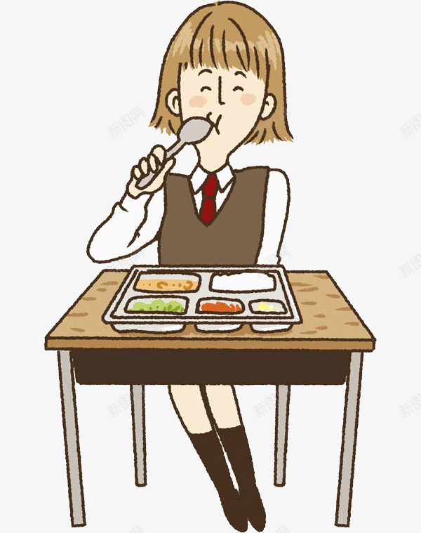 吃饭的女孩png免抠素材_新图网 https://ixintu.com 丰盛的 书桌 卡通 女孩 学生 盒饭 高兴地