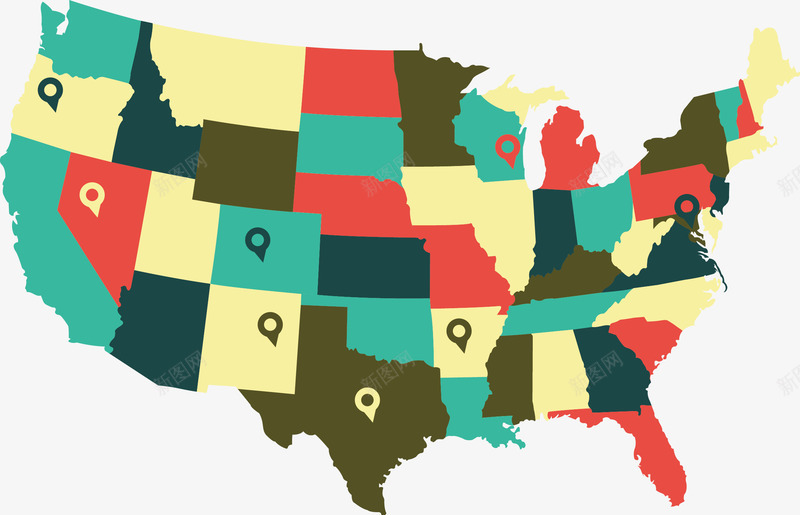 美国地图标记png_新图网 https://ixintu.com 分区 地点标记 彩色 美国州分区