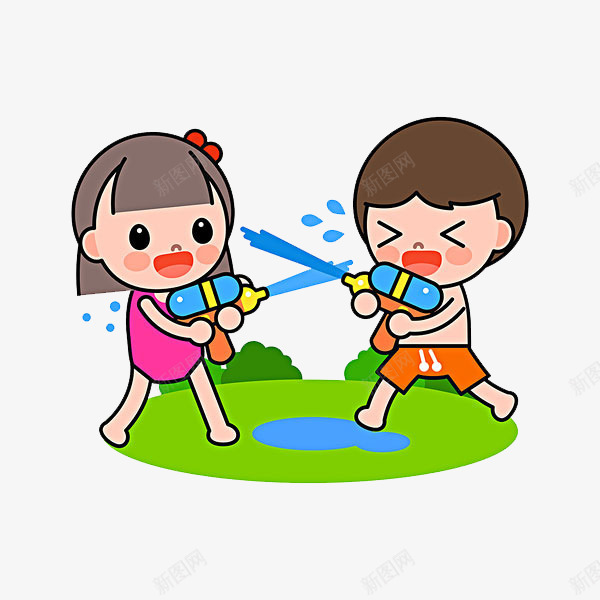 打水仗的孩子png免抠素材_新图网 https://ixintu.com 卡通 可爱的 小孩子 开心的 打水仗 简笔 绿色的