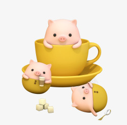 趴着的小猪黄色咖啡杯立体小猪高清图片