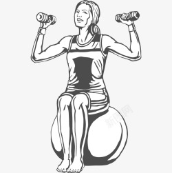卡通玩哑铃的健身女人素材