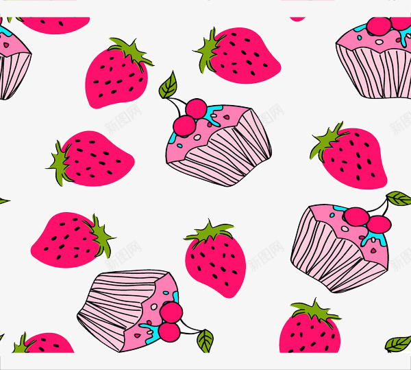 草莓小蛋糕壁纸png免抠素材_新图网 https://ixintu.com 壁纸 手绘 斑点 甜美 粉色 绿叶 背景 草莓 蛋糕 蛋糕纸