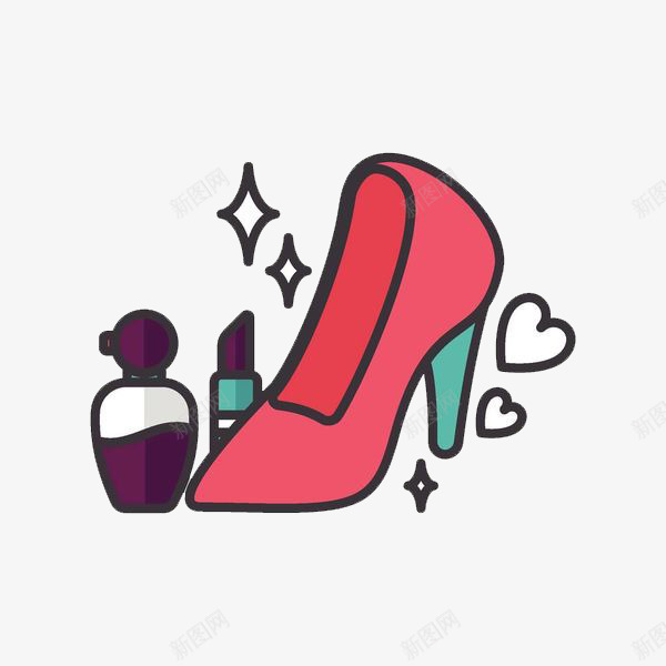 女士高跟鞋和化妆品png免抠素材_新图网 https://ixintu.com 创意 卡通 口红 商务 手绘 红色 香水 高跟鞋