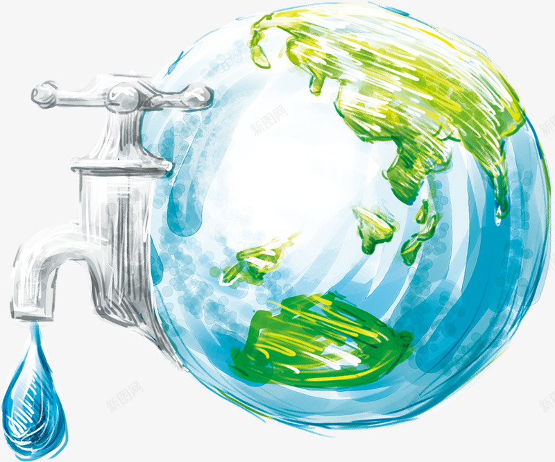 节约用水创意图标png_新图网 https://ixintu.com 创意 地球 外流 手绘图标 水龙头 滴水 环保 省水 节约用水