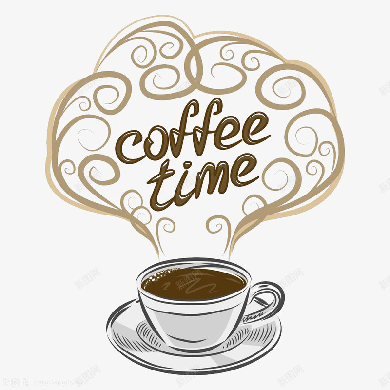 咖啡时光手绘图案png免抠素材_新图网 https://ixintu.com 咖啡时光 咖啡杯 手绘图案 猫屎咖啡 花纹装饰 英文字体