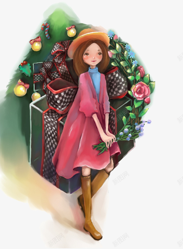 圣诞夜晚的小女生png免抠素材_新图网 https://ixintu.com 三八妇女节礼物 圣诞树 戴帽子的女生 礼物 铃铛