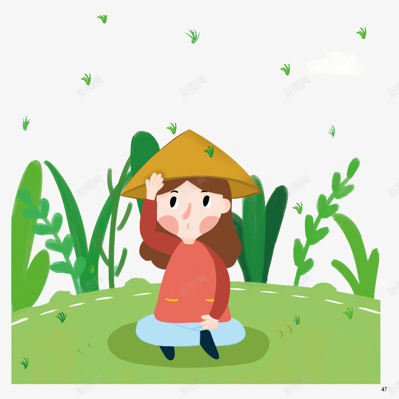 打坐女孩png免抠素材_新图网 https://ixintu.com 卡通 小女孩 手绘 绿叶 草地