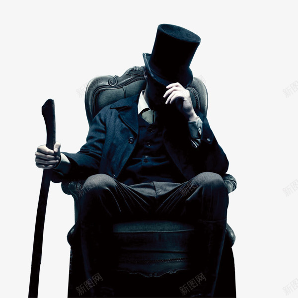 拿着拐杖的男士坐在椅子上png免抠素材_新图网 https://ixintu.com 帽子 椅子 诡异 黑色