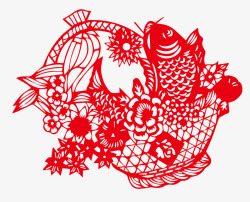红色中国风剪纸鱼免费矢量图素材