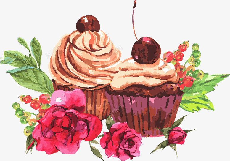 水彩玫瑰和纸杯蛋糕png免抠素材_新图网 https://ixintu.com 定制蛋糕卡通 水彩 玫瑰 纸杯 背景图 花纹 蛋糕