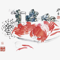 海报螃蟹水墨画菊花和蟹高清图片