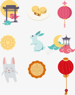 中秋灯笼兔子卡通中国风酥皮月饼插画矢量图高清图片