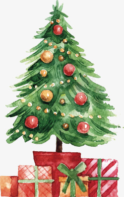 圣诞直播间礼物堆水彩手绘圣诞树矢量图高清图片