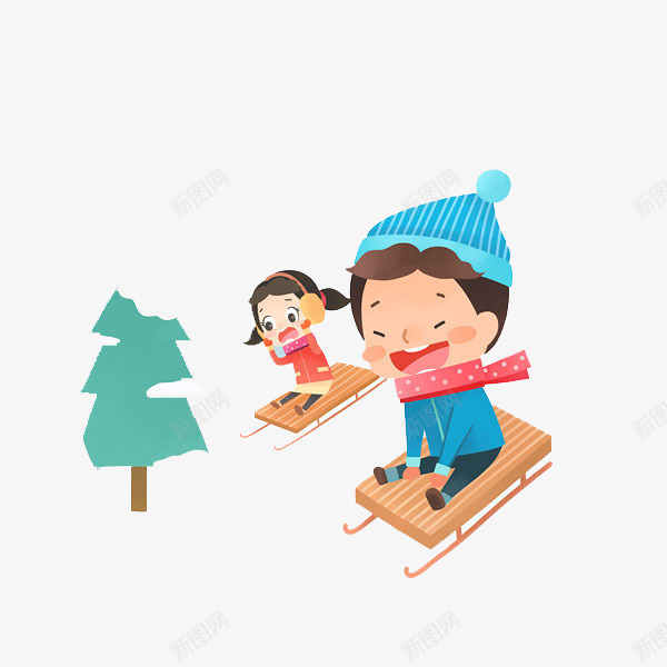 孩子在雪地上滑雪png免抠素材_新图网 https://ixintu.com 冬天 创意 女孩 寒冷 开心 手绘 松树 滑板 滑雪 男孩