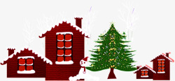 手绘创意卡通红色的房子绿色的圣诞树素材