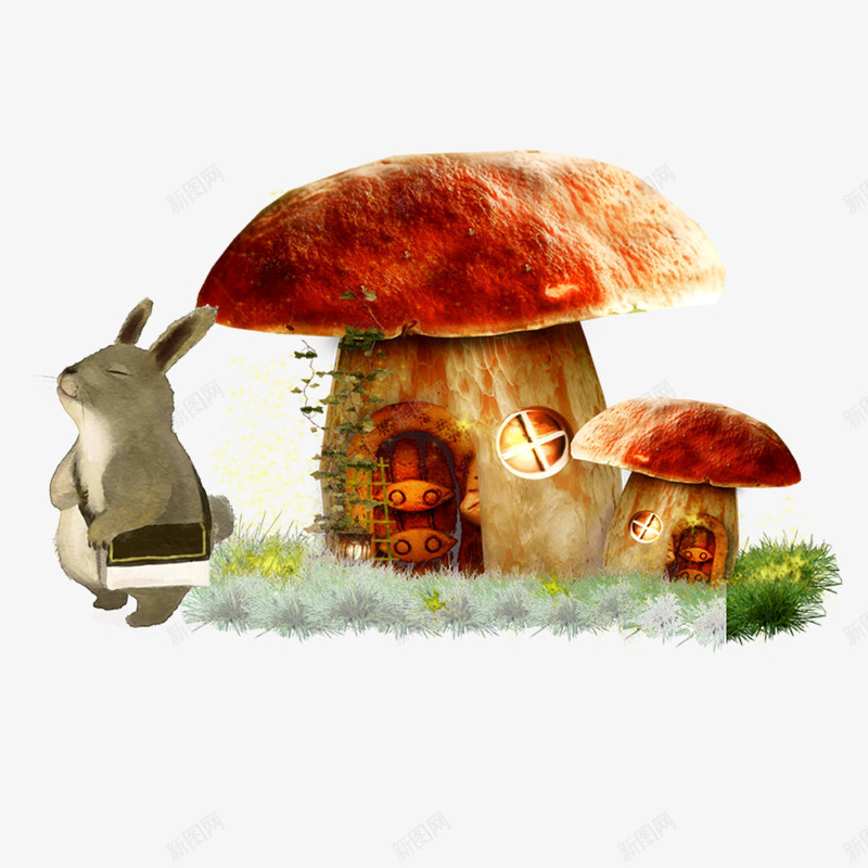蘑菇房子psd免抠素材_新图网 https://ixintu.com 可爱 家庭 小兔子 房子 温暖 窗户 草 蘑菇
