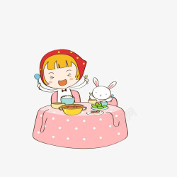 包饺子插画饭桌上开心吃饭的女孩高清图片